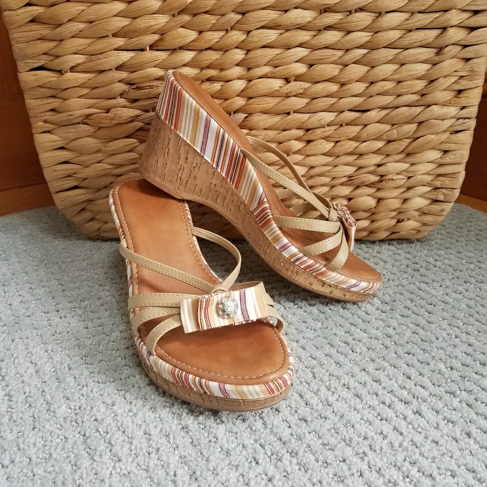 Womens Tan Striped Wedge Sandals